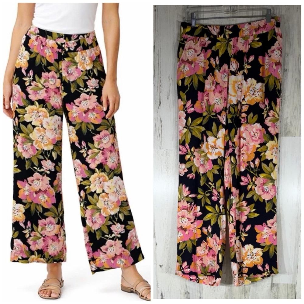 Loft Straight Leg Pants Small (30x29.5) Black Pink Floral Viscose Elastic Flowy